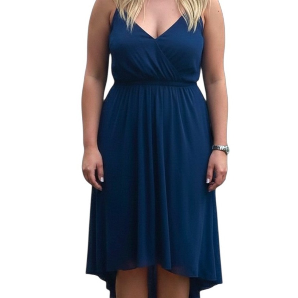 David's Bridal F12284 Navy Blue Bridesmaid Dress High Low Chiffon Size 10 Formal - Picture 2 of 12